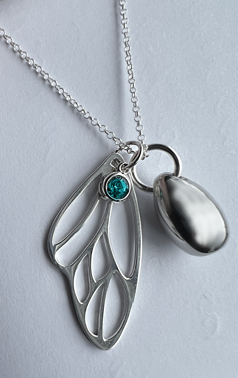 Silver Butterfly Wing Teardrop Urn Necklace with Birthstone