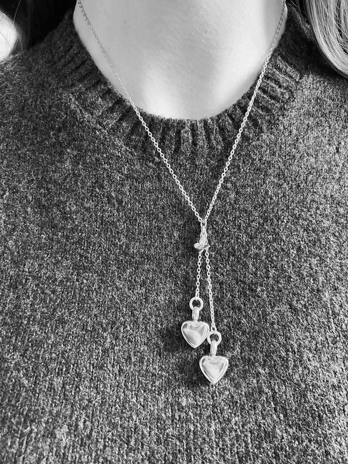 Dual Hearts Cremation Urn Necklace Silver with Charm