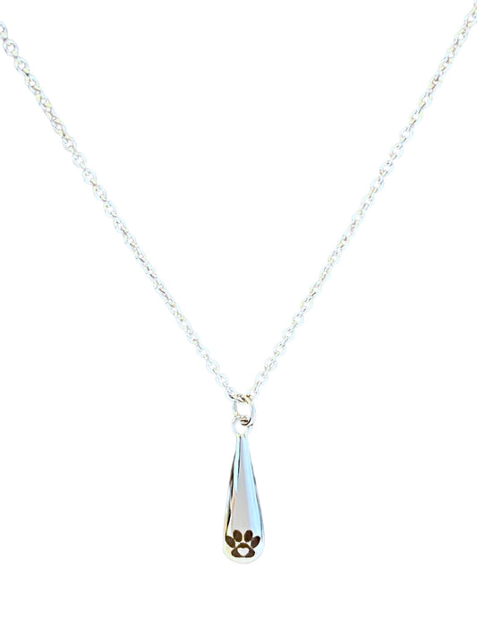 Dew Drop Paw Print Cremation Urn Necklace Silver