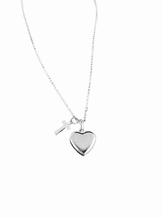 Petite Heart silver Urn with Tiny Cross Necklace personalized with optional fingerprint