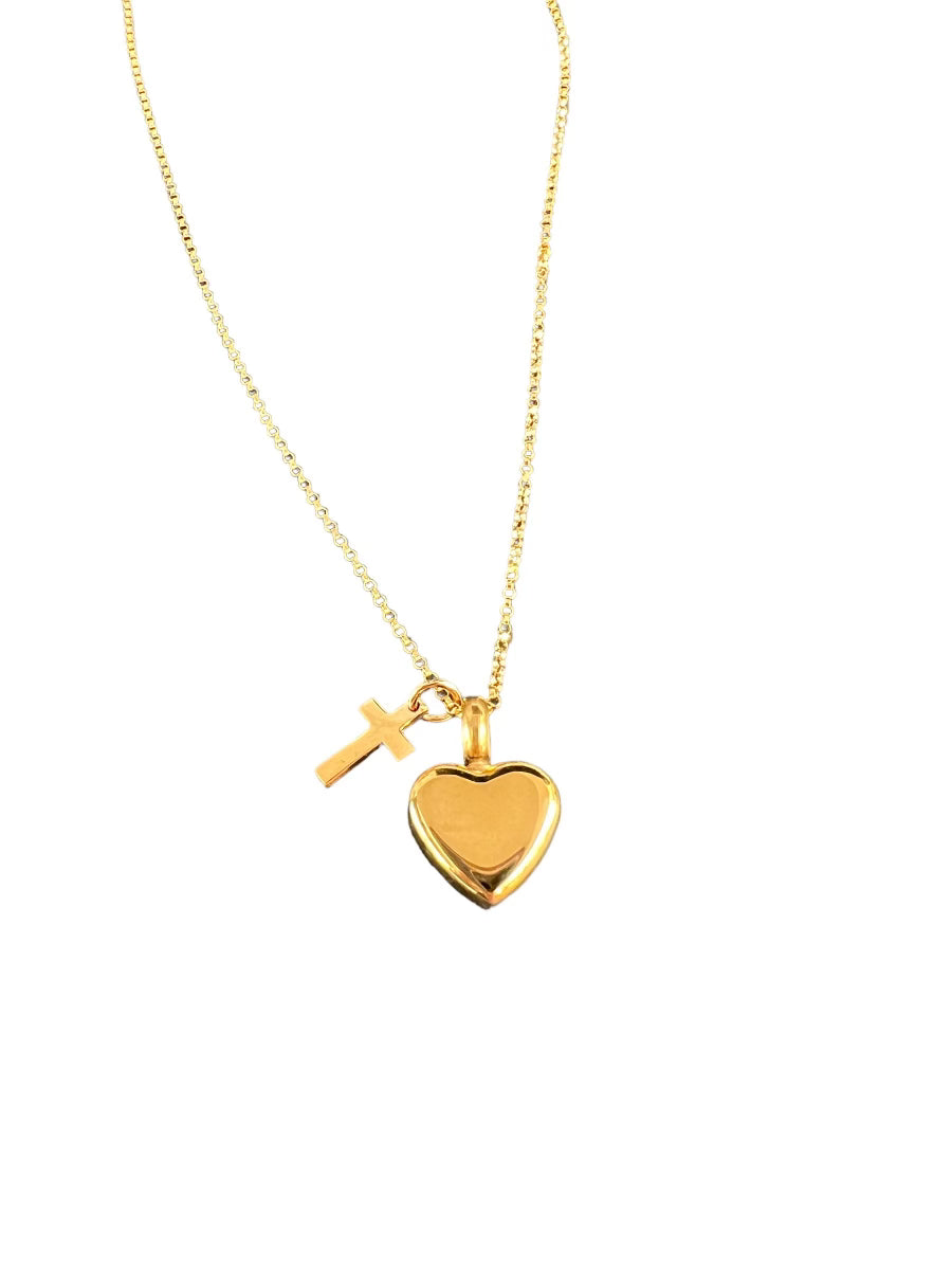 Petite Heart Gold Urn with Tiny Cross Necklace personalized with optional fingerprint