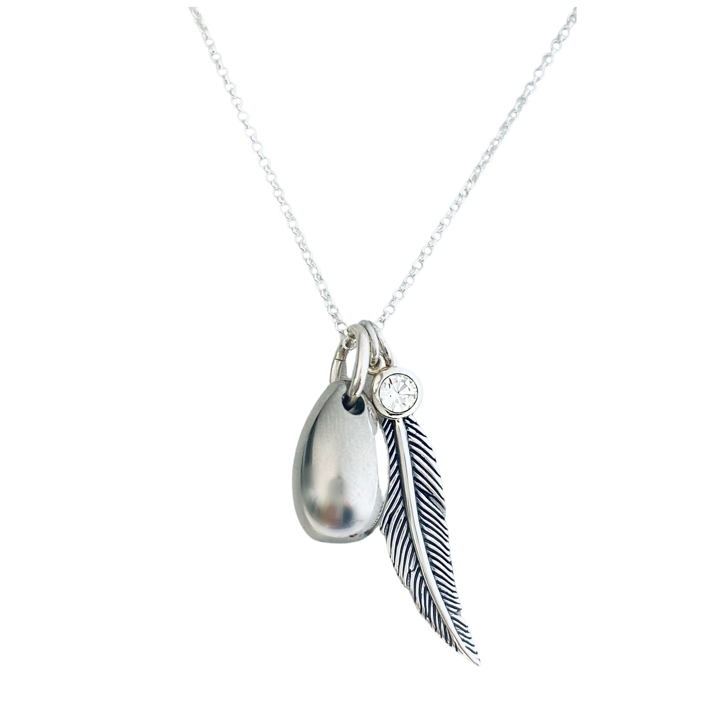 Silver Feather Teardrop Urn Necklace with Optional Birthstone