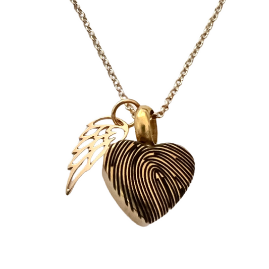 Petite Heart Gold Angel Wing Urn Necklace personalized with optional fingerprint