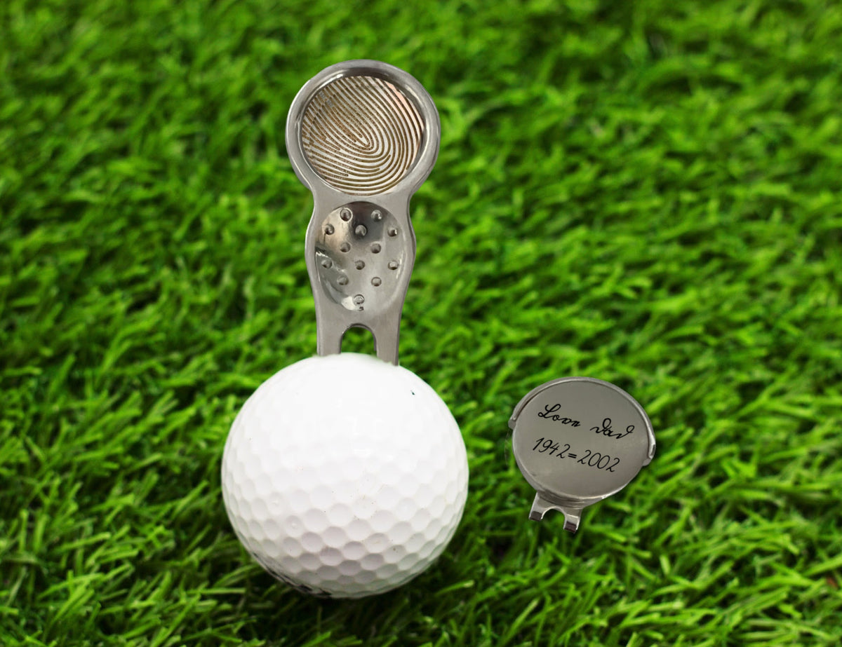Golf Divot tool with Cap Clip and 6 Personalized Magnetic Ball Markers
