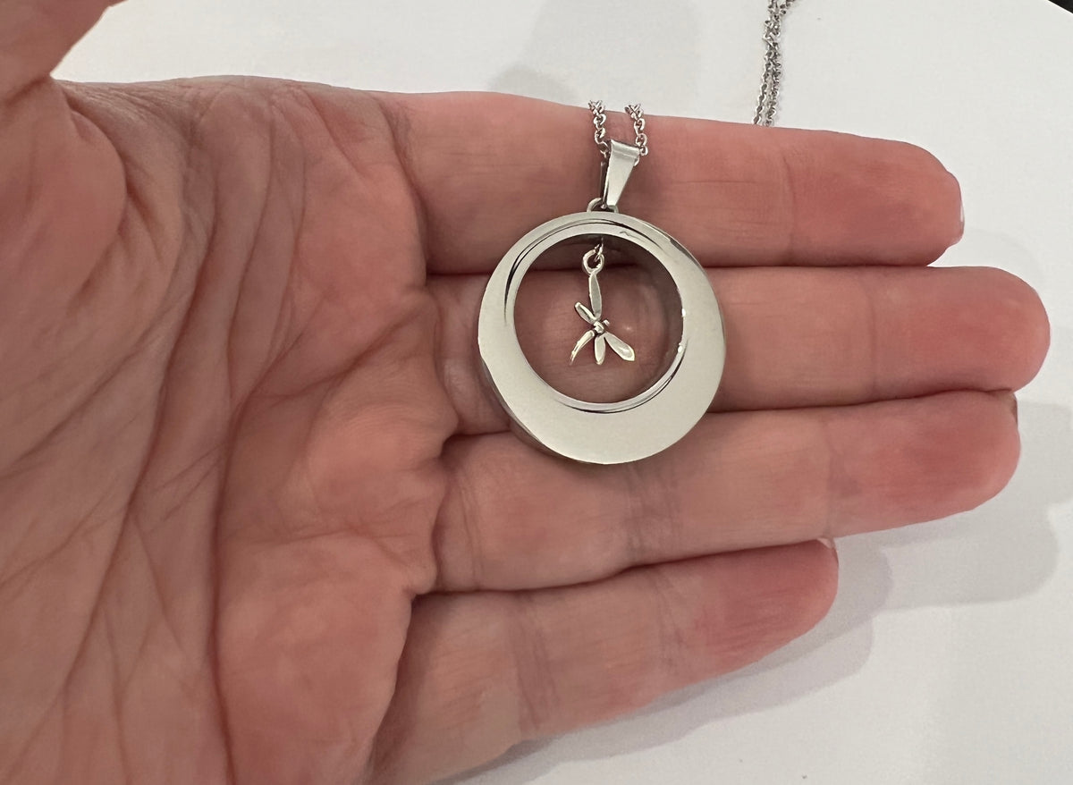 Dragonfly  Open Circle Cremation Urn Necklace