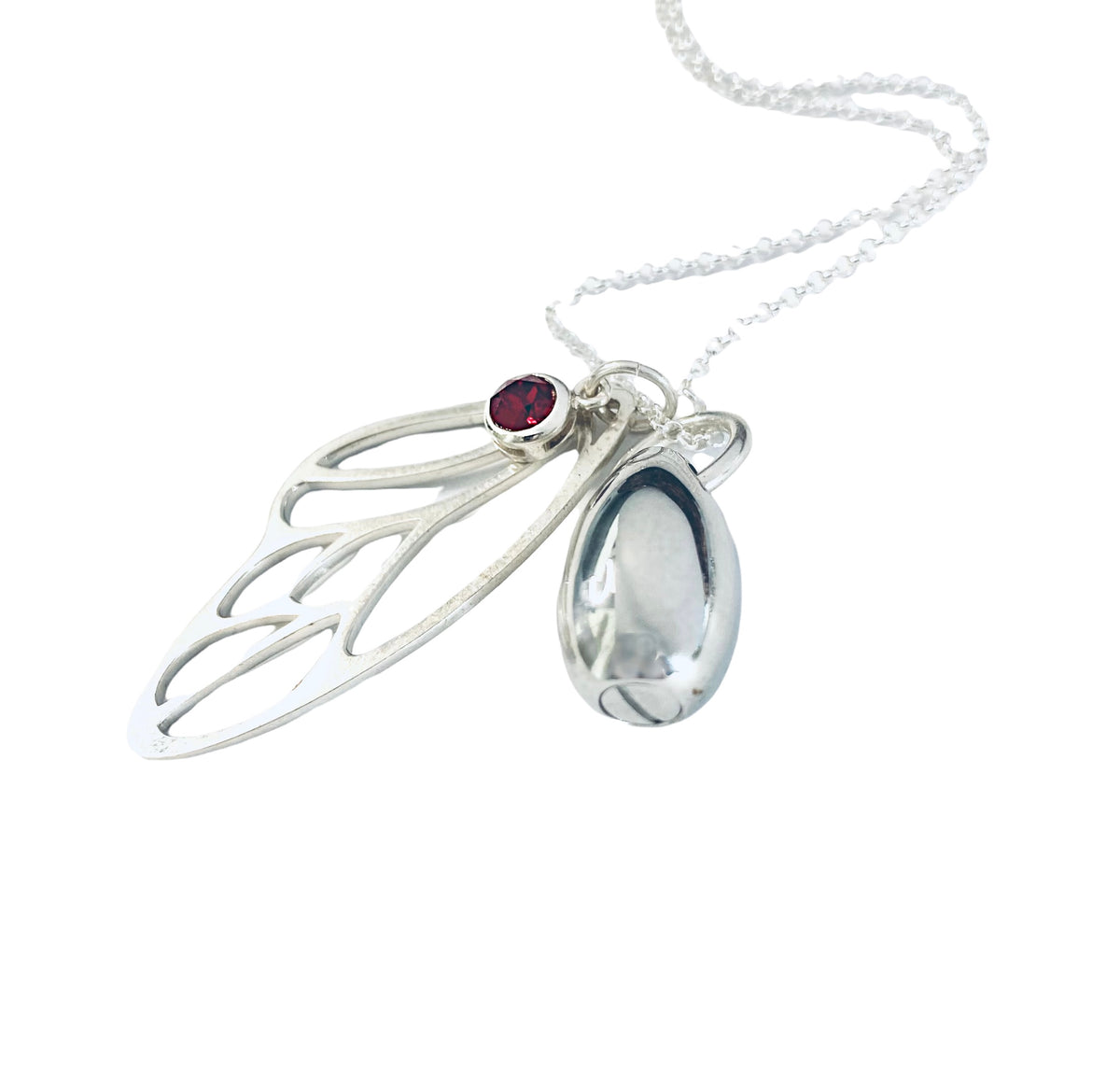 Silver Butterfly Wing Teardrop Urn Necklace with Birthstone