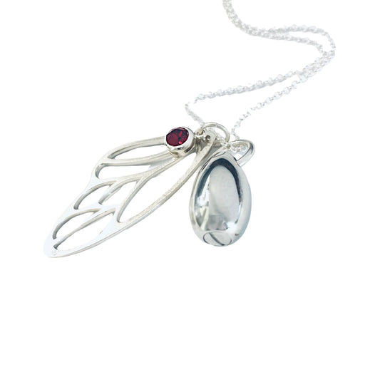 Silver Butterfly Wing Teardrop Urn Necklace with Birthstone