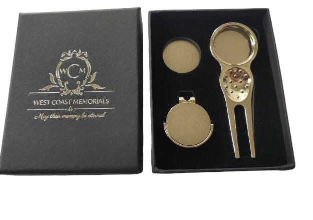 Golf Divot tool with Cap Clip and 6 Personalized Magnetic Ball Markers
