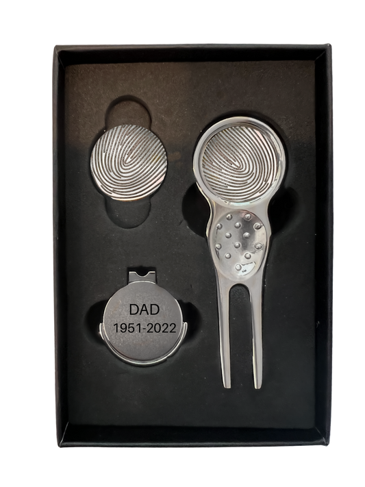 Golf Divot tool with Cap Clip and 6 Personalized Magnetic Ball Markers