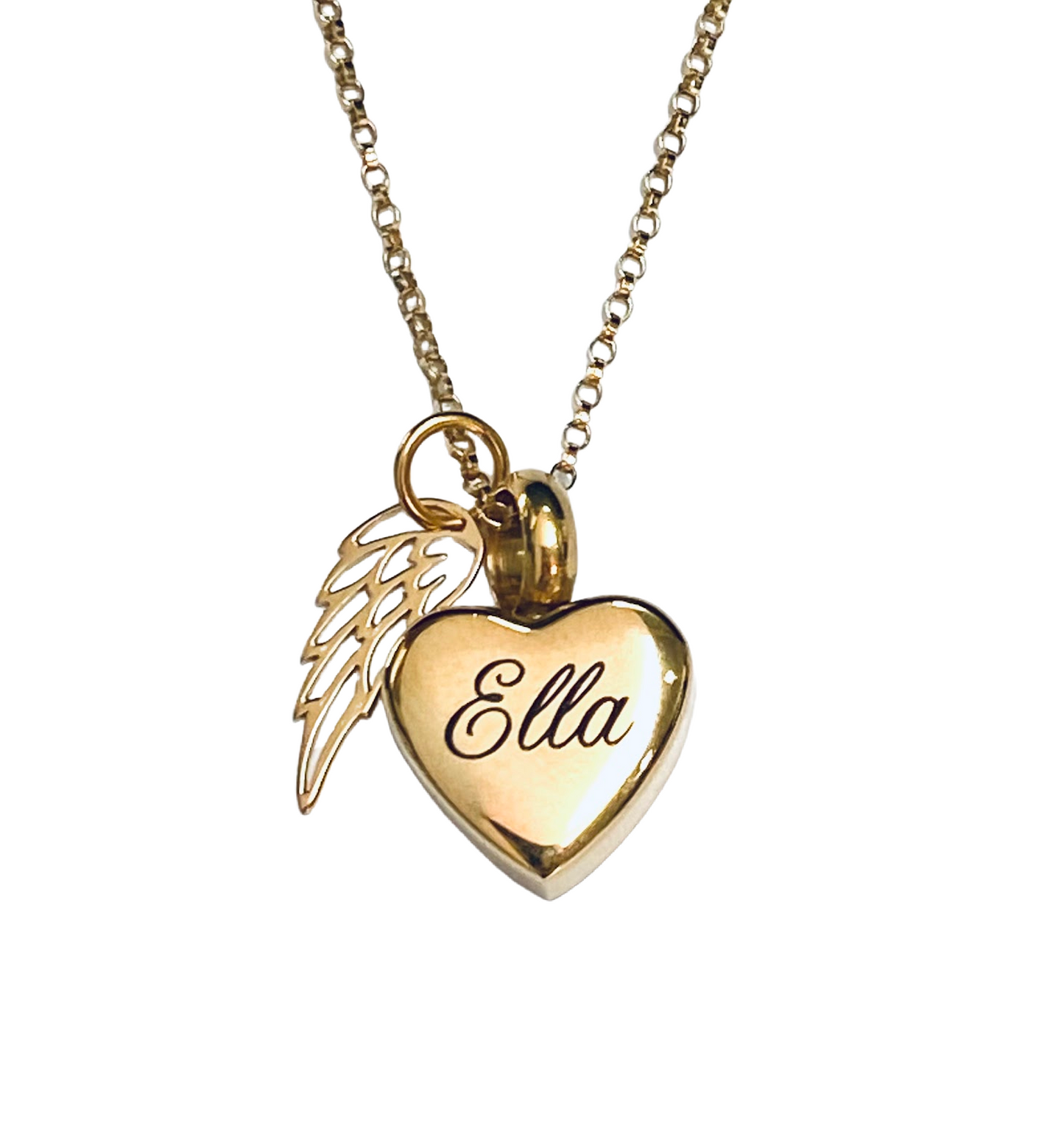 Petite Heart Gold Angel Wing Urn Necklace personalized with optional fingerprint
