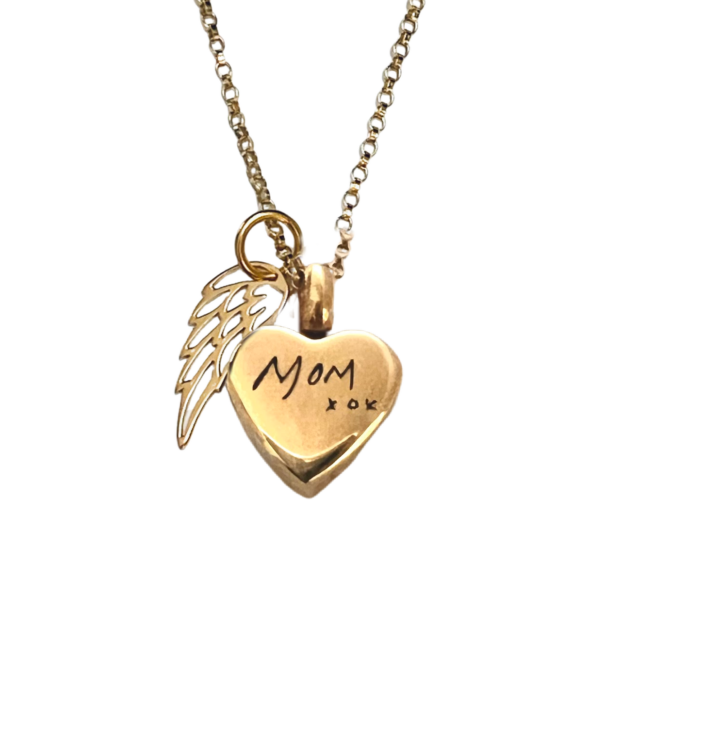 Petite Heart Gold Angel Wing Urn Necklace personalized with optional fingerprint