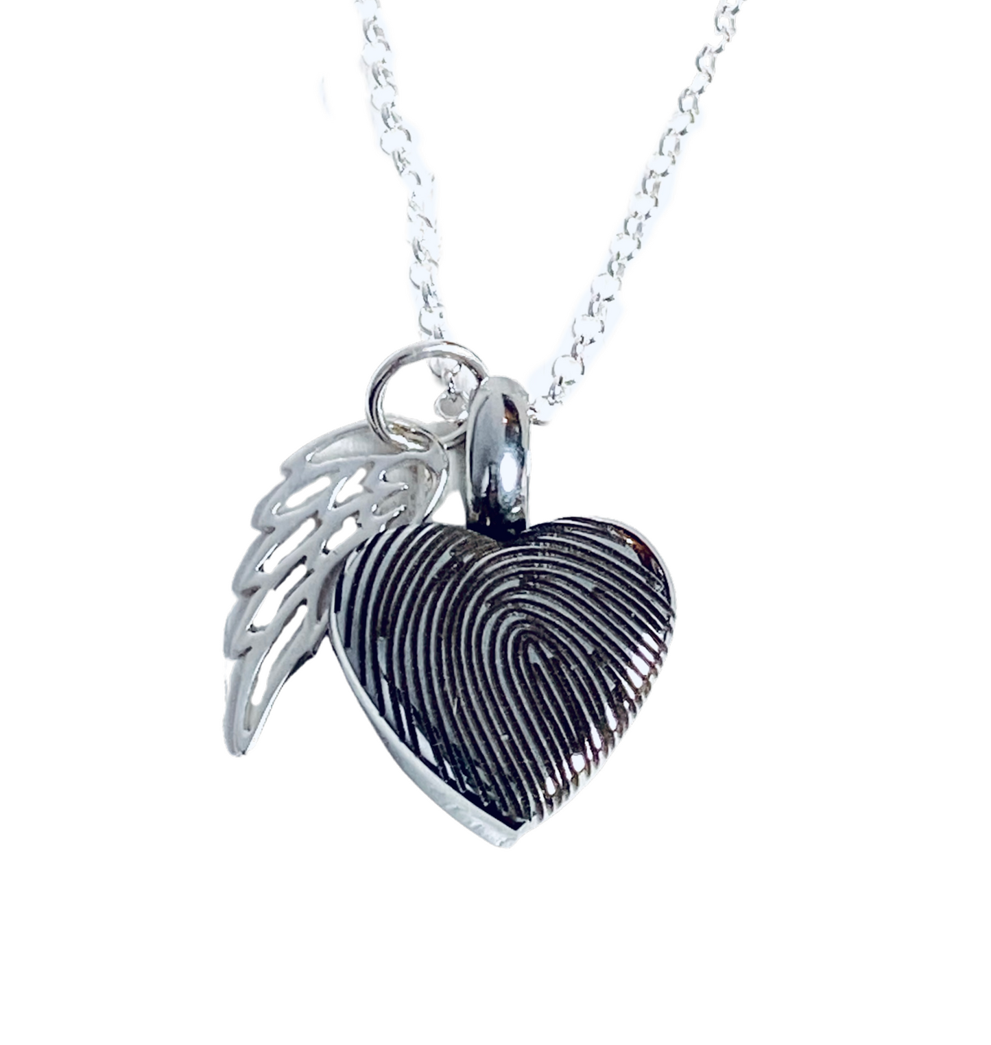Petite Heart with Silver Angel Wing with Fingerprint