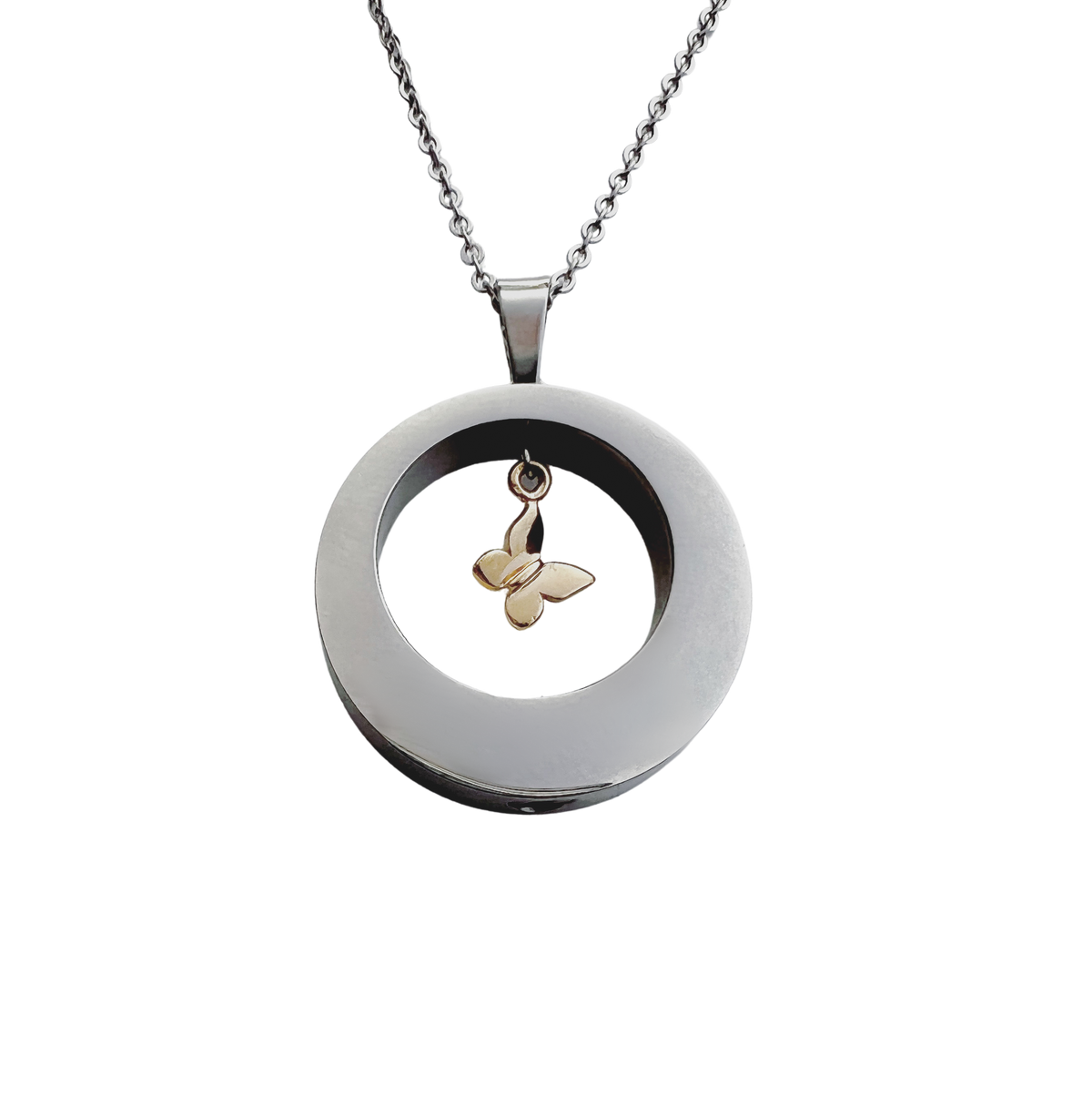 Butterfly Open Circle Cremation Urn Necklace Gold