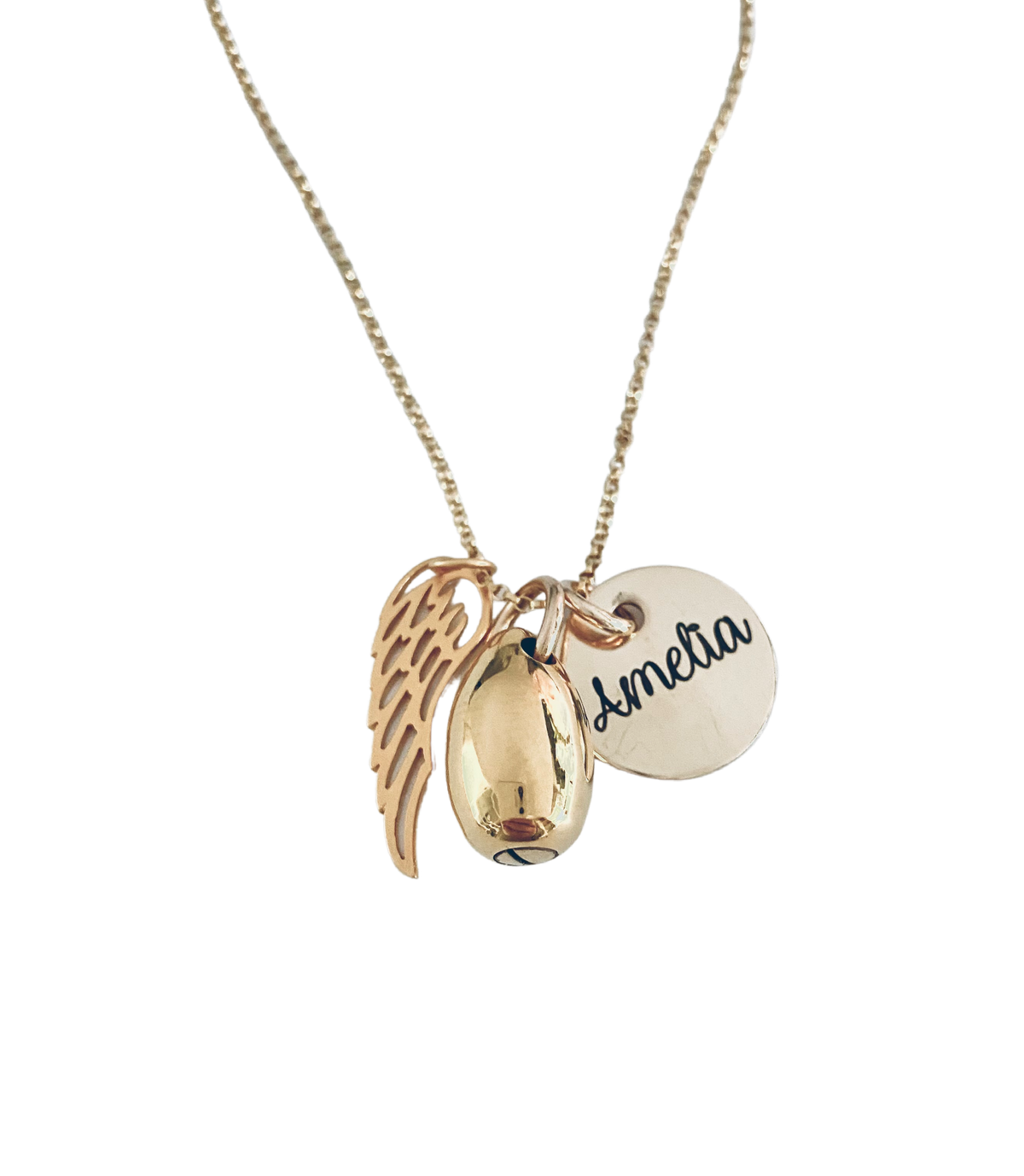 Gold Angel Wing Teardrop Urn Necklace with Engraved Round Pendant