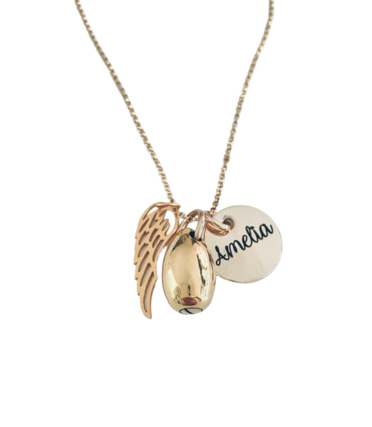 Gold Angel Wing Teardrop Urn Necklace with Engraved Round Pendant