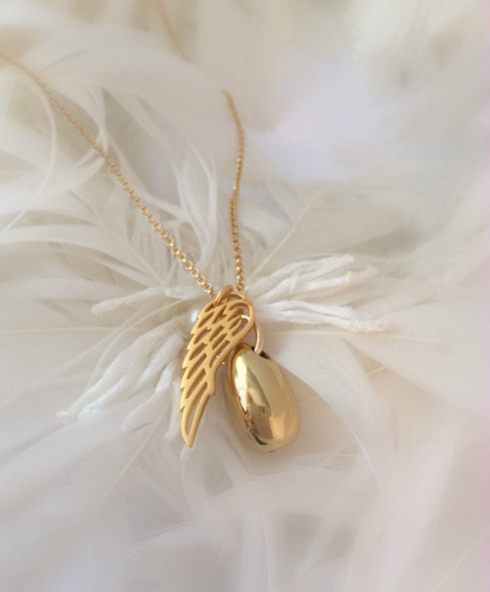 Gold Angel Wing Teardrop Urn Necklace