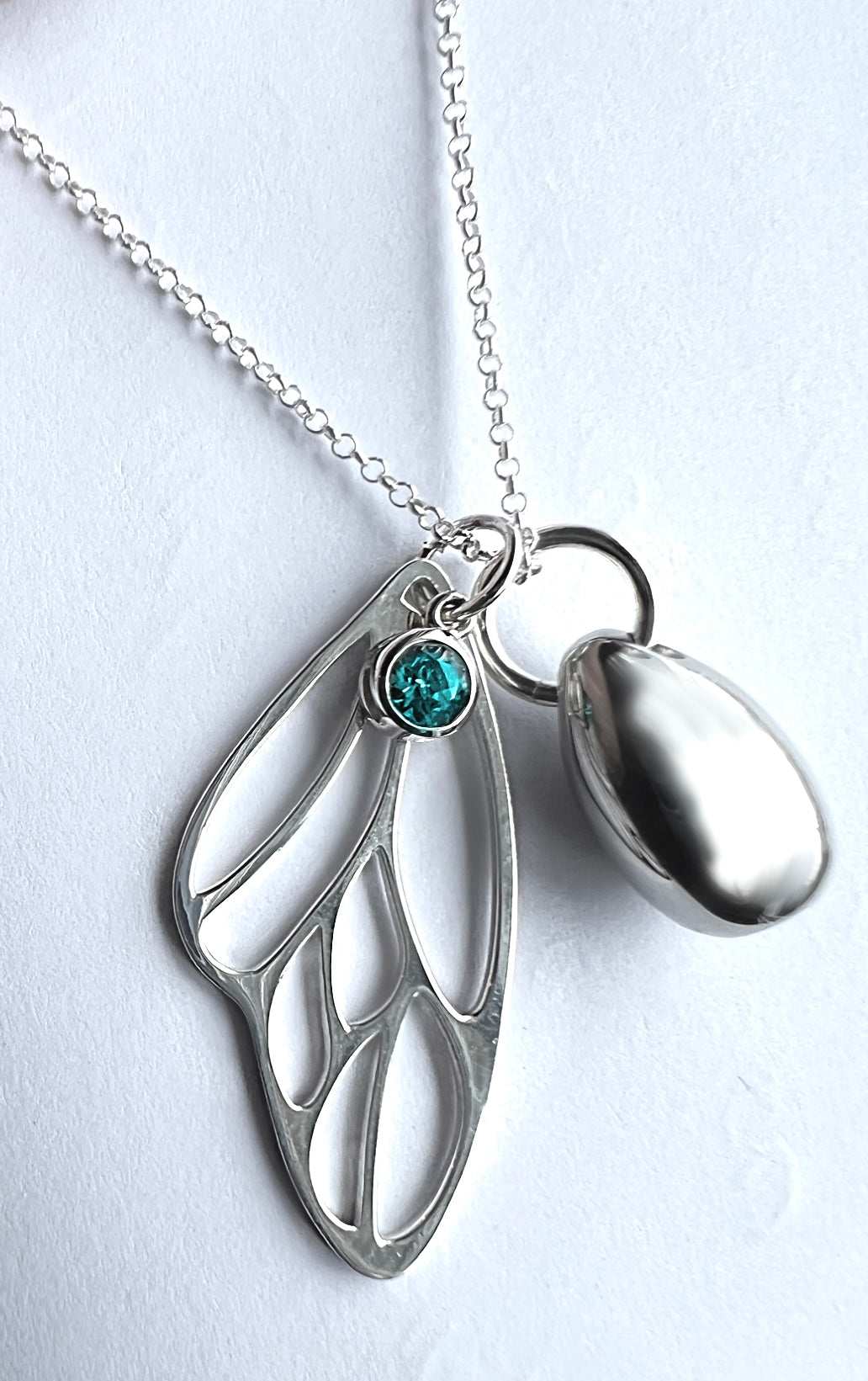 Silver Butterfly Wing Teardrop Urn Necklace with Birthstone