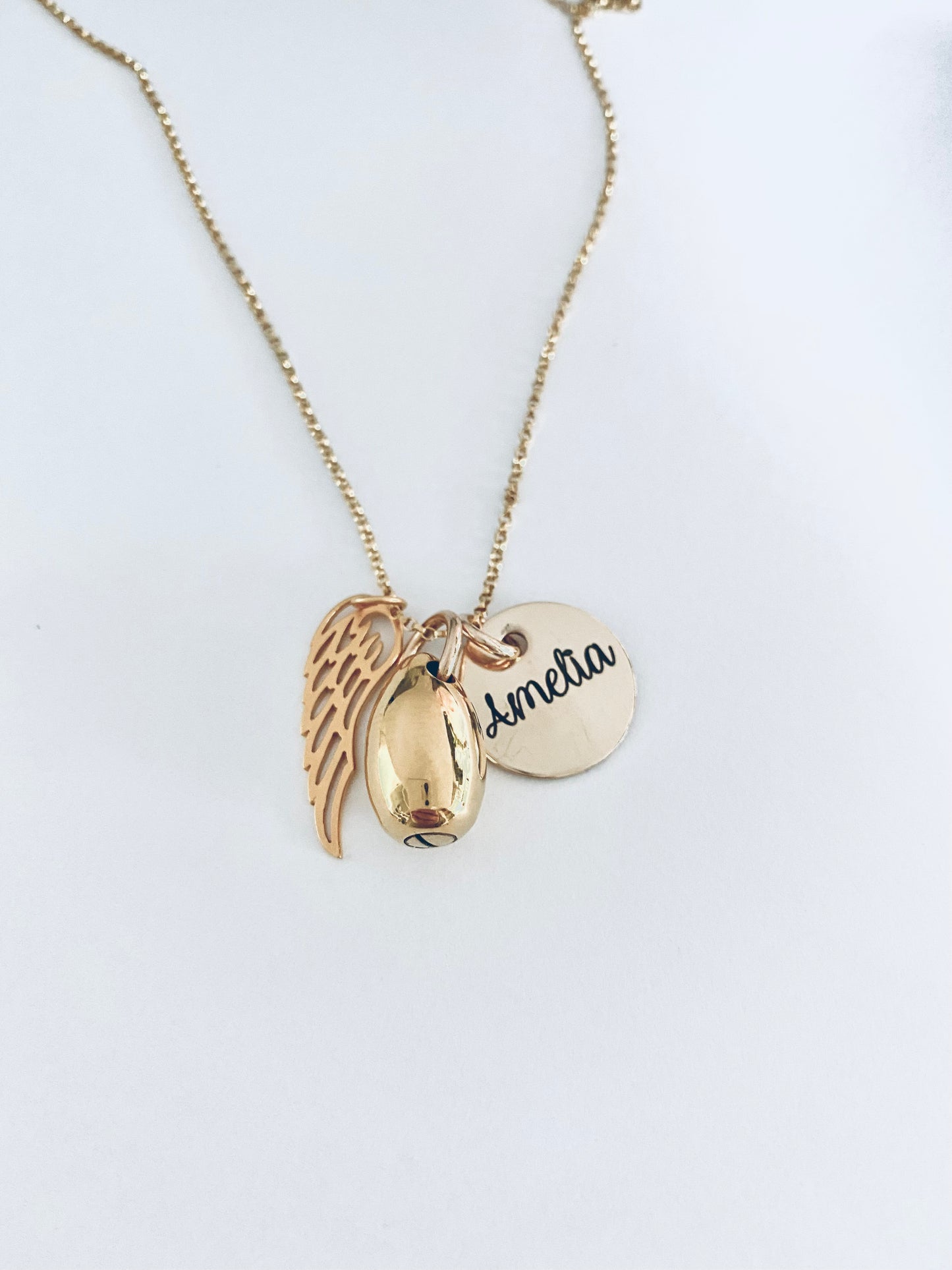 Gold Angel Wing Teardrop Urn Necklace with Engraved Round Pendant
