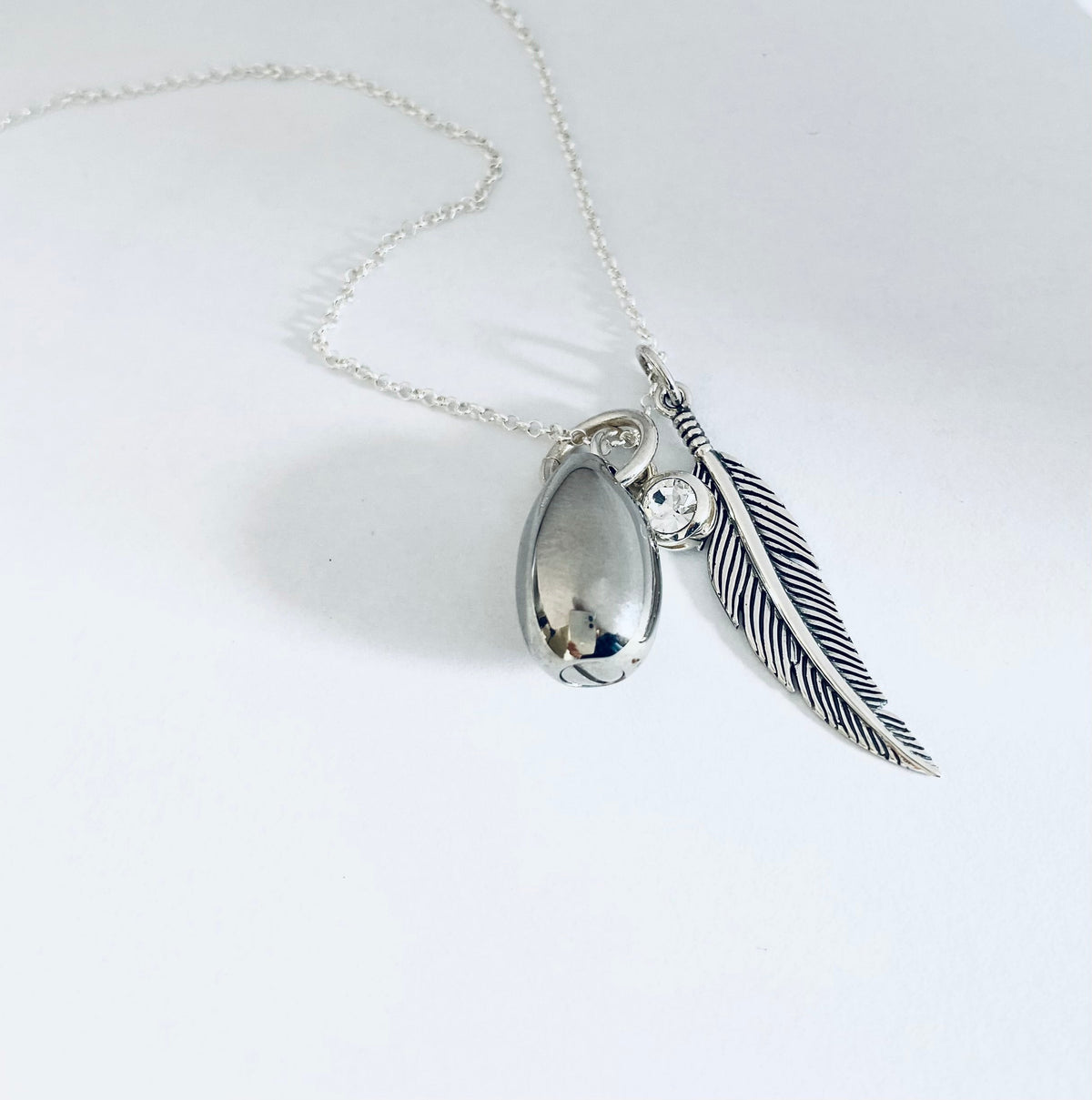 Silver Feather Teardrop Urn Necklace with Optional Birthstone