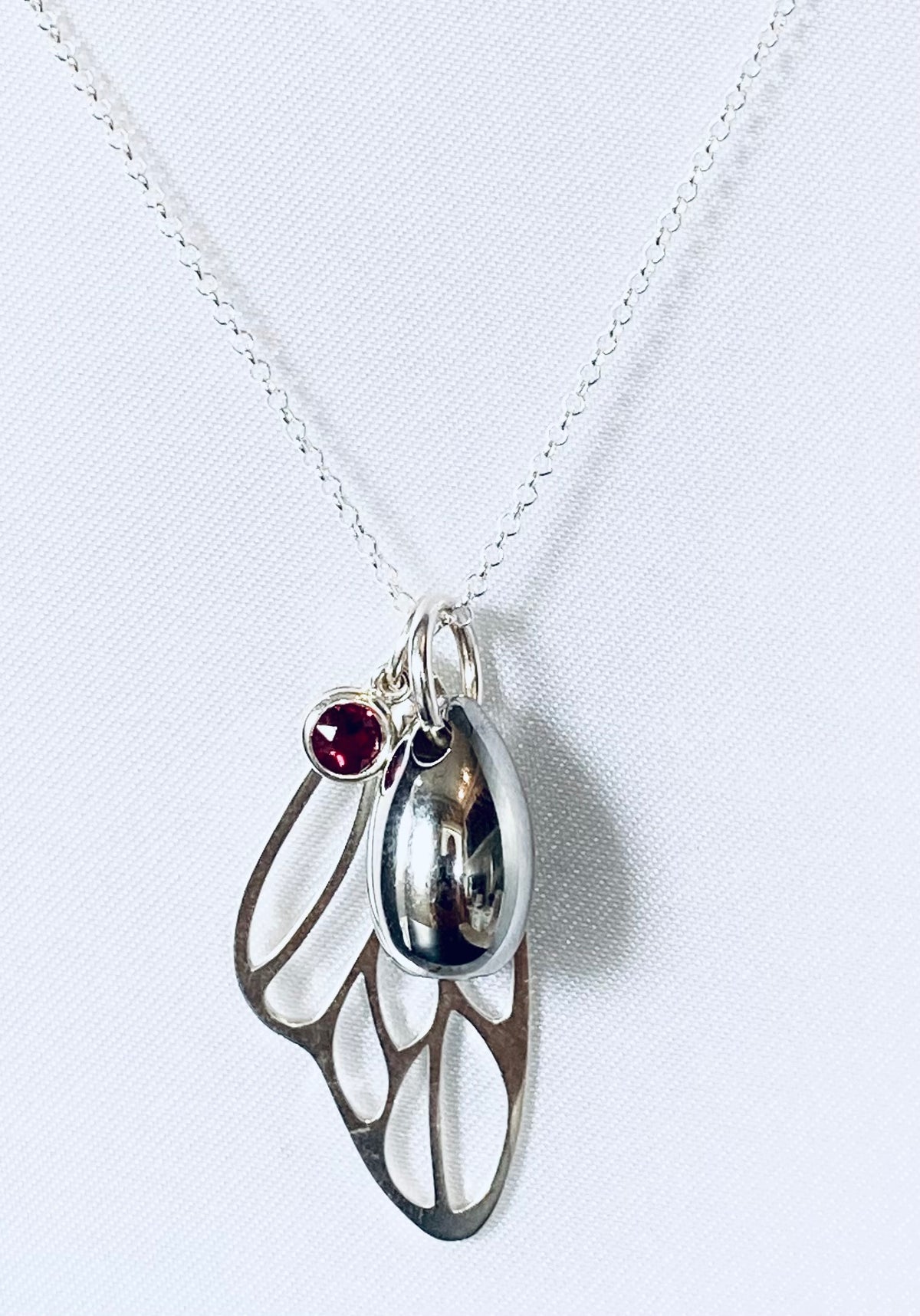 Silver Butterfly Wing Teardrop Urn Necklace with Birthstone