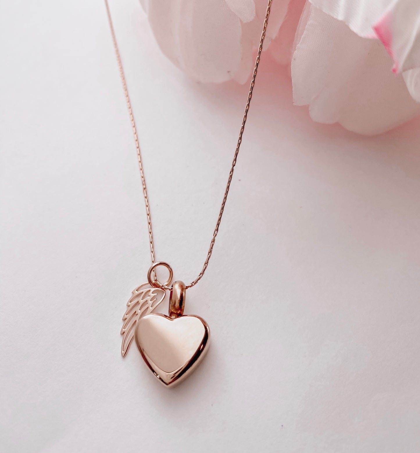 Petite Heart Rose Gold Angel Wing Urn Necklace