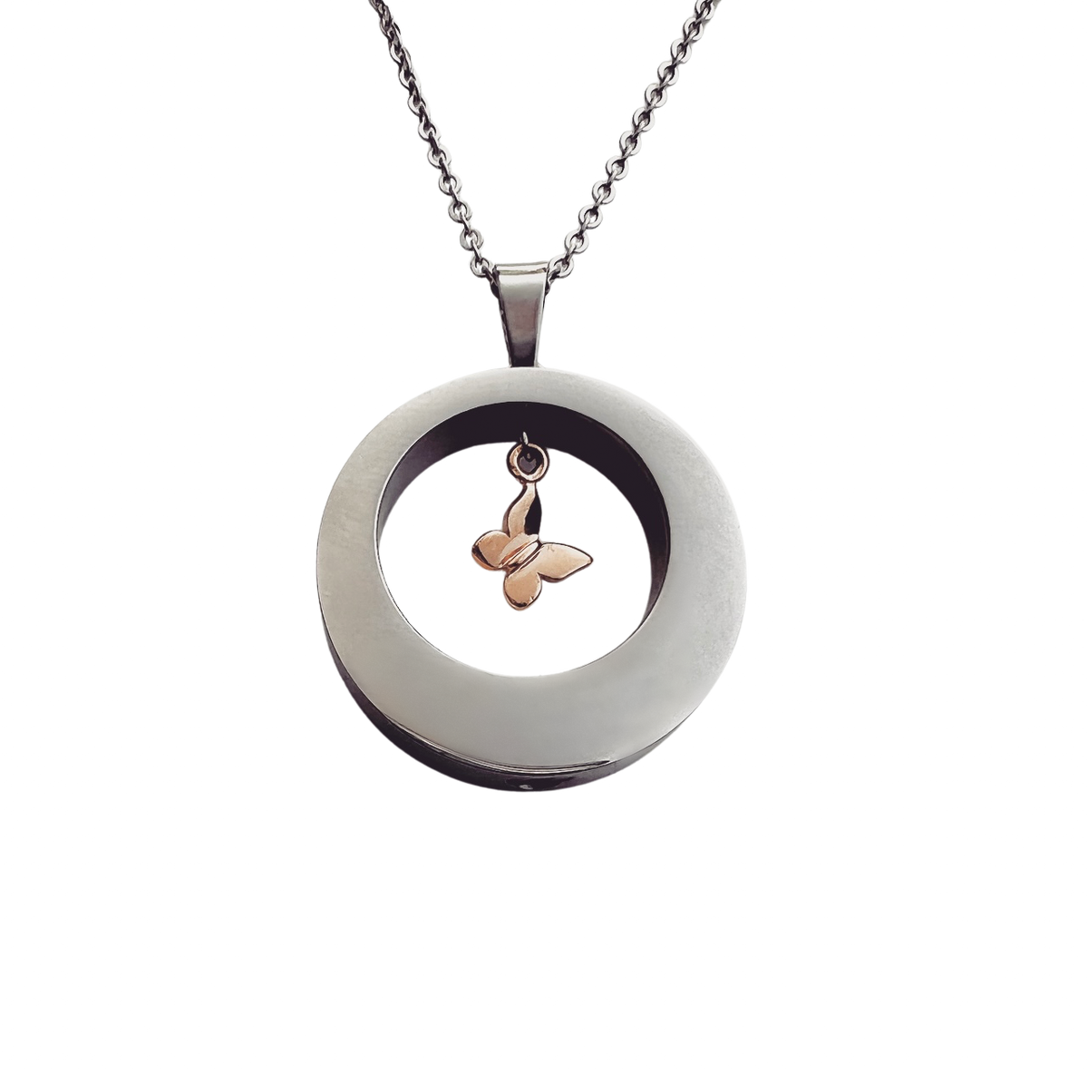 Butterfly Open Circle Cremation Urn Necklace Rose Gold