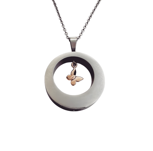 Butterfly Open Circle Cremation Urn Necklace Rose Gold
