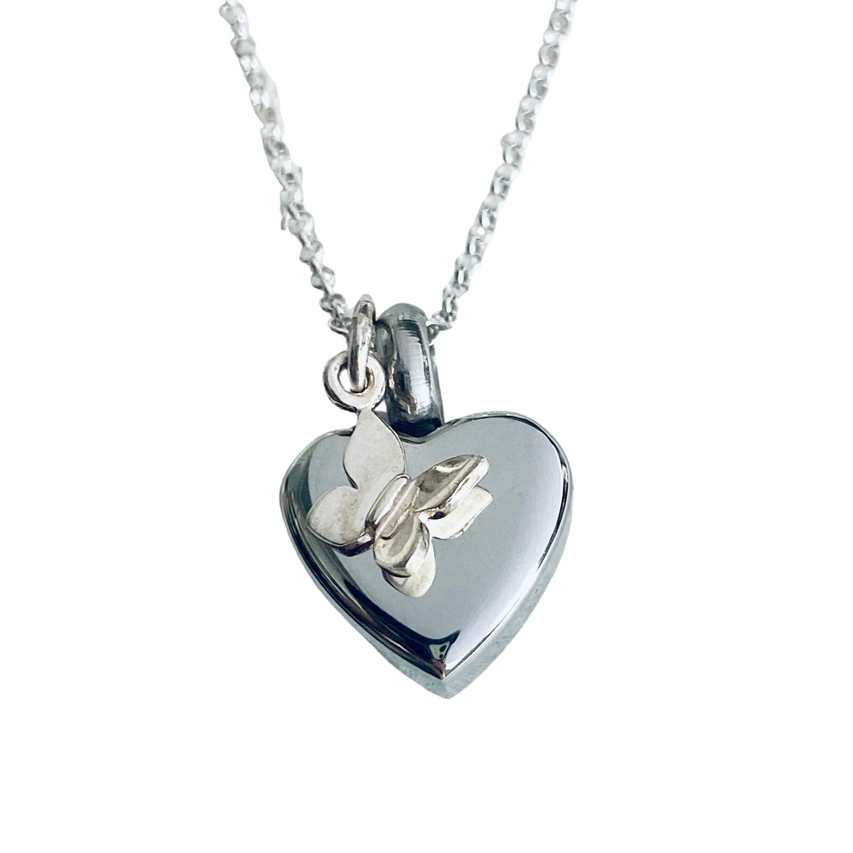 Petite Heart Silver Butterfly Urn Necklace