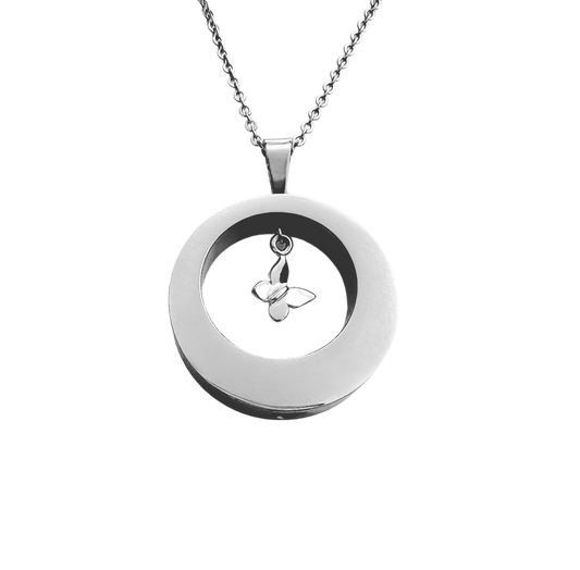 Butterfly Open Circle Cremation Urn Necklace Silver