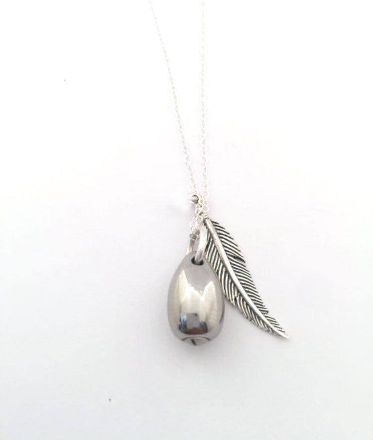 Silver Feather Teardrop Urn Necklace with Optional Birthstone